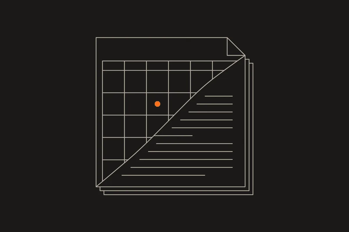 Illustration of a calendar grid merging into a document, with one date marked in orange