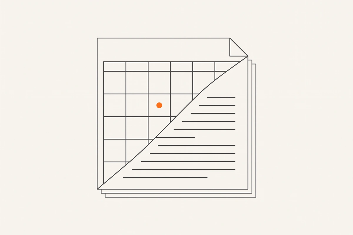 Illustration of a calendar grid merging into a document, with one date marked in orange