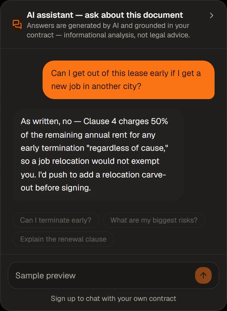 Example from the sample lease: asking the assistant about the early-termination clause