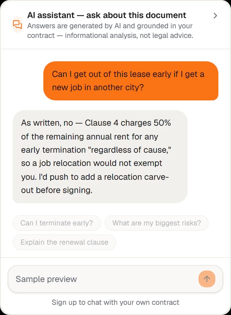 Example from the sample lease: asking the assistant about the early-termination clause
