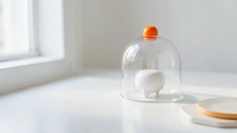 Photograph of a white speech bubble sculpture under a glass dome