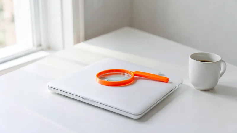 Photograph of a closed white laptop with an orange magnifying glass on its lid