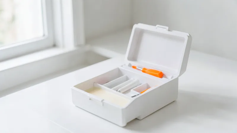 Photograph of an open white toolbox with an orange screwdriver