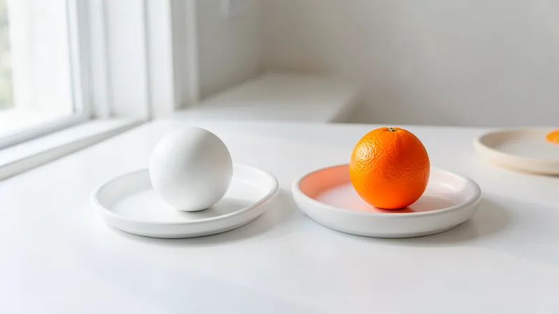 Photograph of two white trays side by side, one with a white sphere and one with an orange sphere