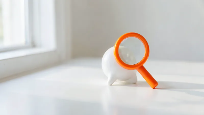 Photograph of a white speech bubble sculpture with an orange magnifying glass