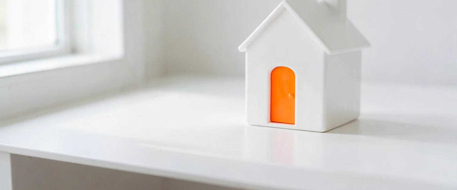 Photograph of a small white model house with an orange front door