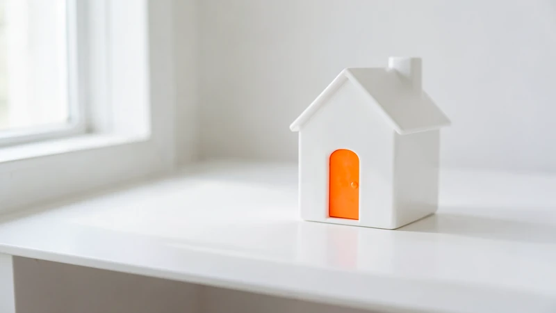 Photograph of a small white model house with an orange front door