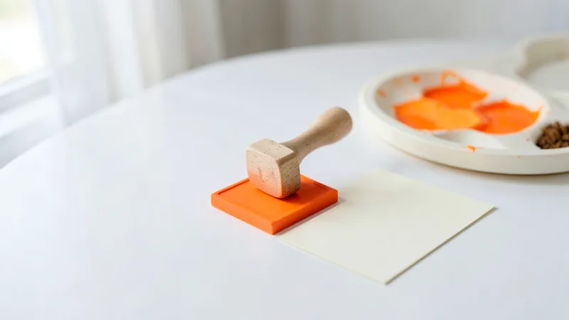 Photograph of a plain rubber stamp above an orange ink pad