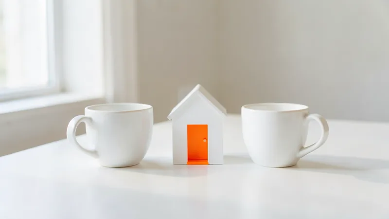 Photograph of two white cups facing each other around a model house with an orange door