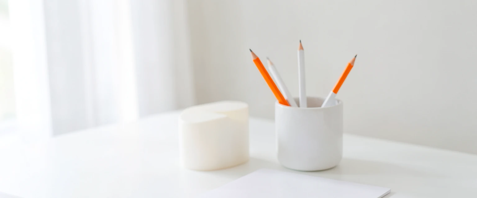 Photograph of a white pen cup holding orange and white pencils beside a blank notepad