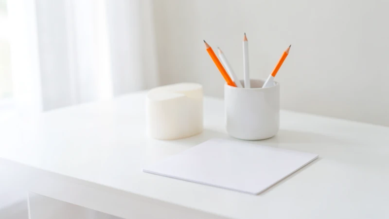 Photograph of a white pen cup holding orange and white pencils beside a blank notepad