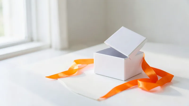Photograph of an open white gift box with an orange ribbon