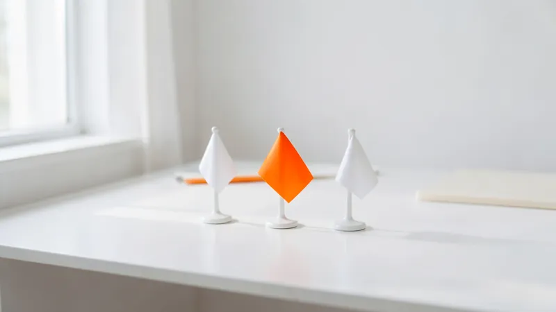 Photograph of three small white flags on a white desk with the middle one orange
