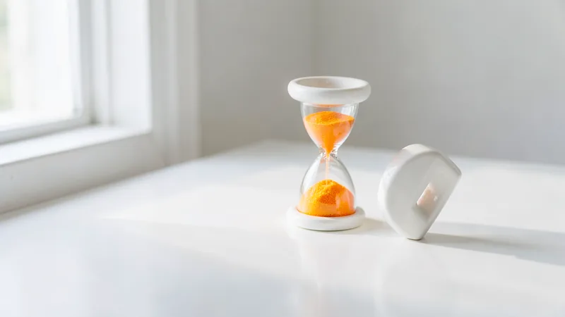 Photograph of a white hourglass with orange sand run out beside a white check mark