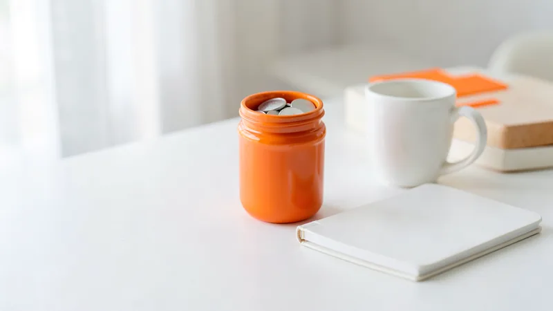 Photograph of an orange jar of silver discs beside a white cup and notebook