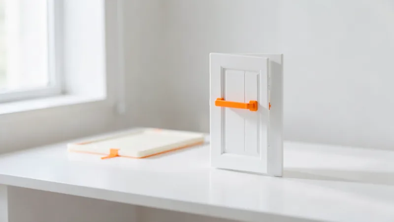 Photograph of a small white door ajar with an orange handle
