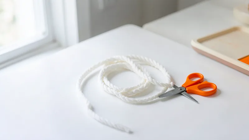Photograph of a white rope loop cut open beside orange-handled scissors