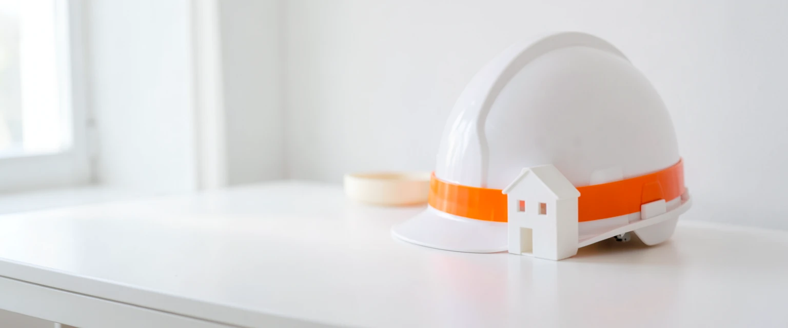 Photograph of a white hard hat with an orange band beside a small white model house