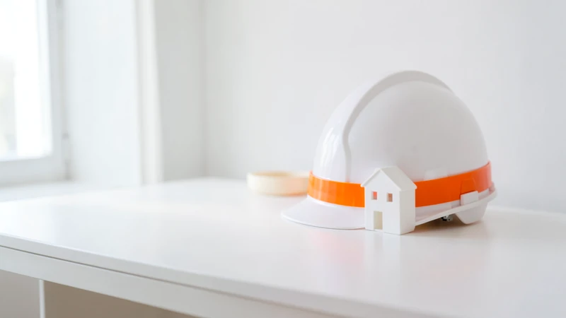 Photograph of a white hard hat with an orange band beside a small white model house
