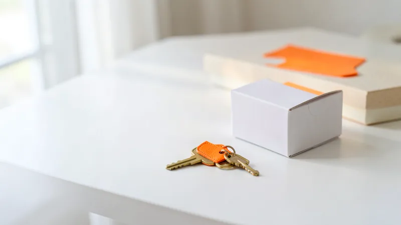 Photograph of a key with an orange tag beside a white moving box