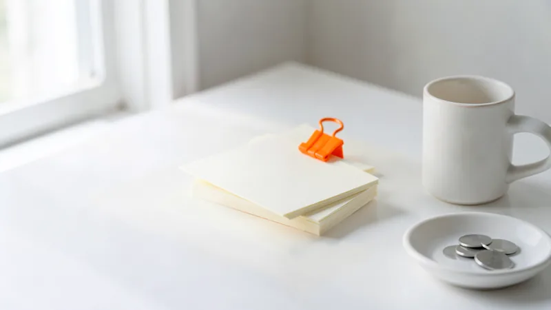 Photograph of blank cards held by an orange binder clip beside a cup and a dish of silver discs