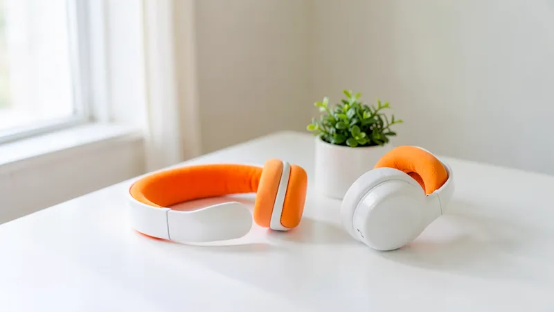Photograph of white headphones with an orange headband beside a cup and a small plant