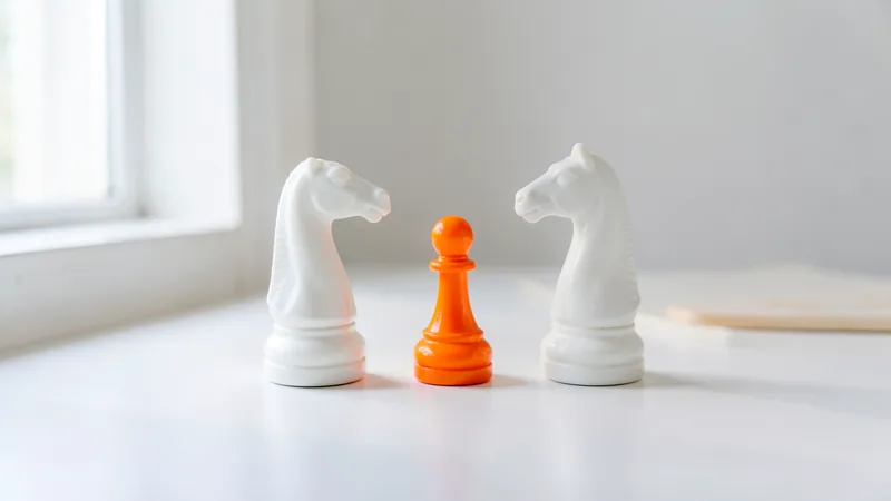 Photograph of two white chess knights facing each other with an orange pawn between them