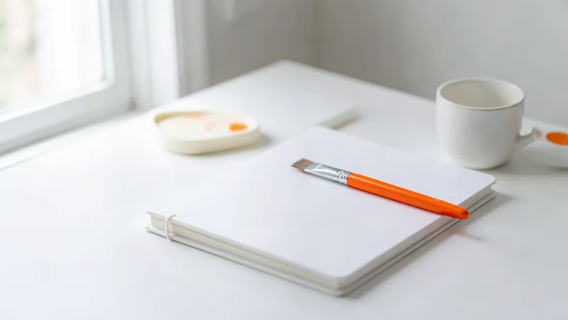 Photograph of an orange-handled paintbrush on a closed white sketchbook