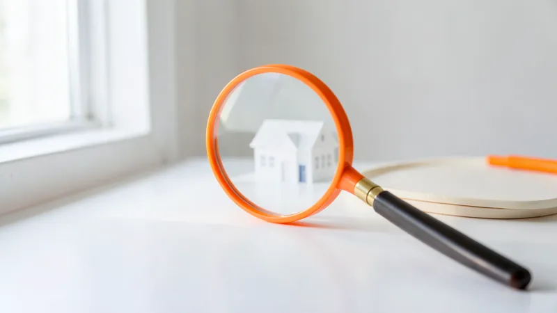Photograph of a white model house seen through an orange-rimmed magnifying glass