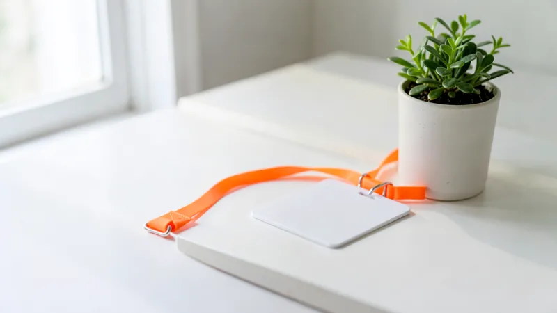 Photograph of a blank white badge on an orange lanyard beside a small plant