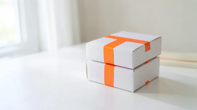 Photograph of three white shipping boxes, the top one sealed with orange tape