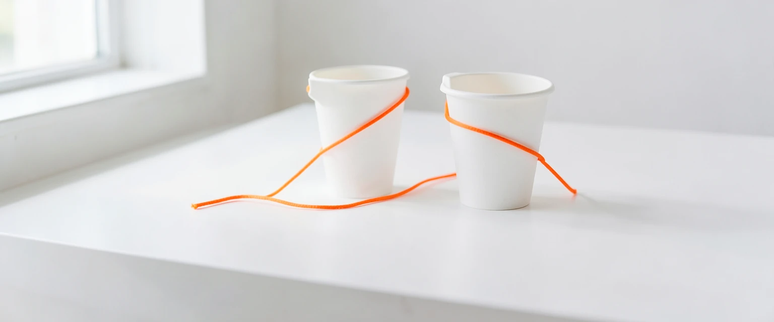 Photograph of two white paper cups joined by an orange string