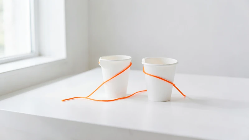 Photograph of two white paper cups joined by an orange string