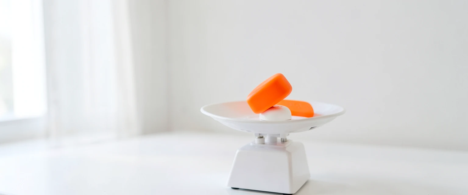 Photograph of a small white balance scale with one orange weight