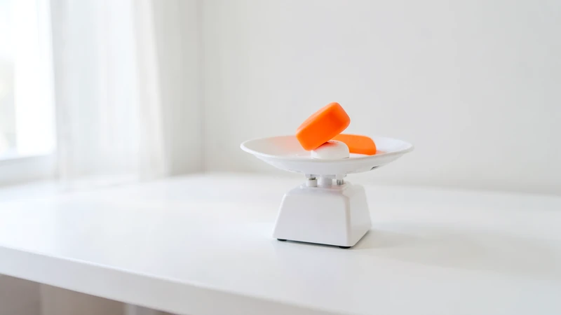Photograph of a small white balance scale with one orange weight