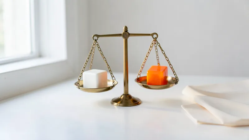 Photograph of a level brass balance scale with a white and an orange cube