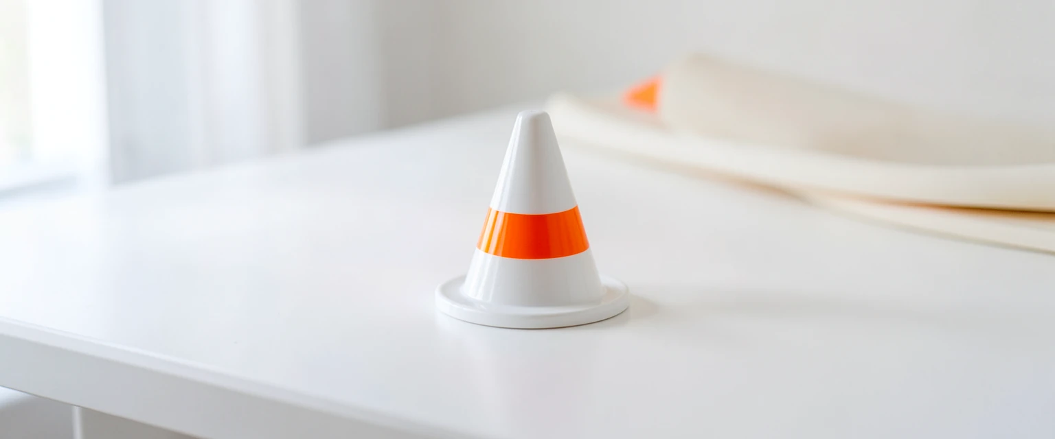 Photograph of a small white traffic cone with an orange stripe
