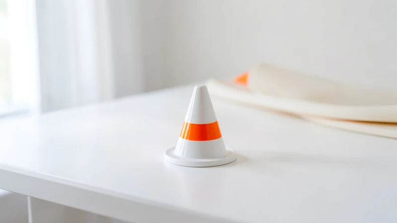 Photograph of a small white traffic cone with an orange stripe