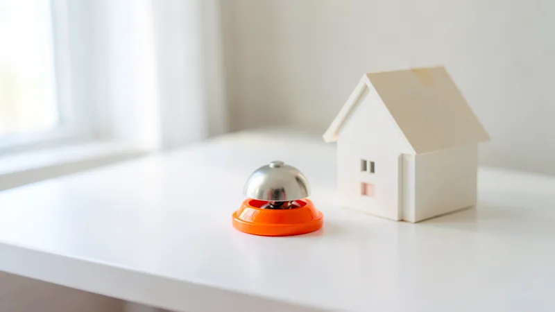 Photograph of a service bell with an orange base beside a white model house