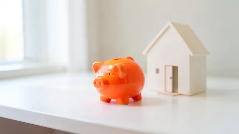 Photograph of an orange piggy bank beside a white model house