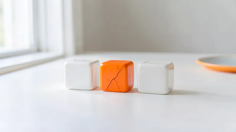 Photograph of a row of white cubes with one cracked orange cube