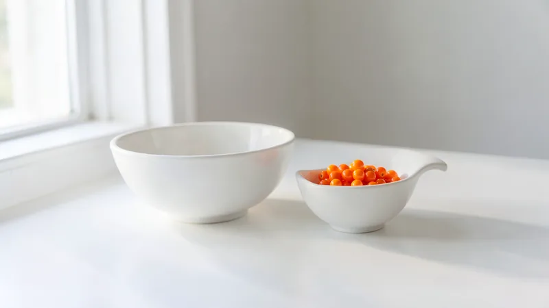 Photograph of a large white bowl beside a small white bowl holding orange beads