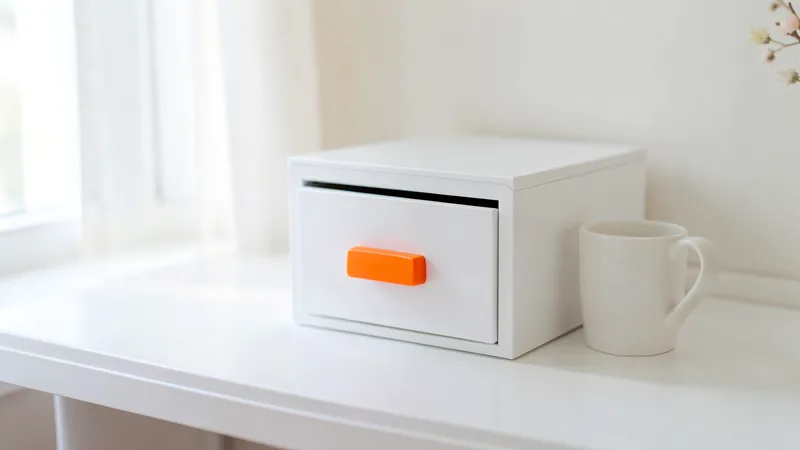 Photograph of a white drawer cabinet with one orange drawer handle beside a white mug