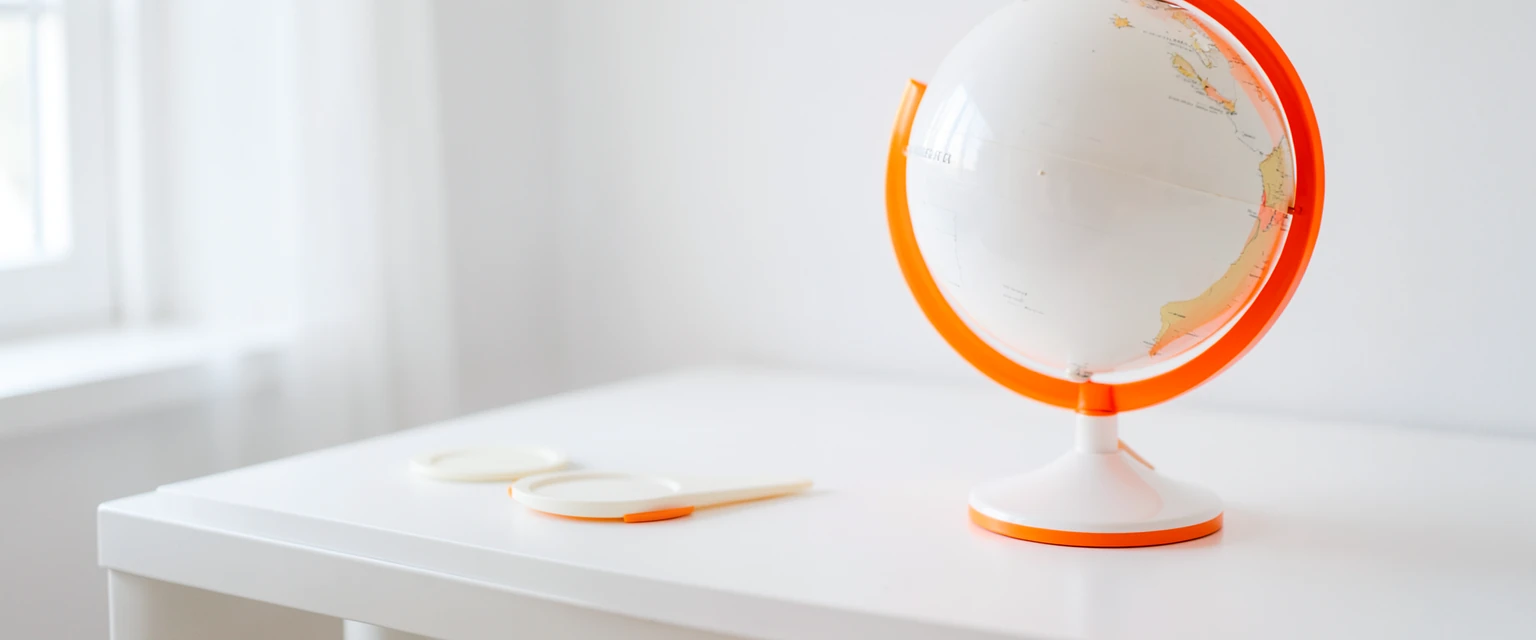 Photograph of a white desk globe encircled by an orange ring