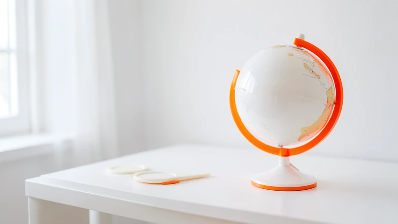 Photograph of a white desk globe encircled by an orange ring