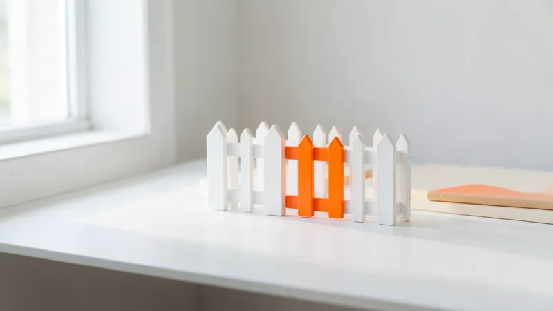 Photograph of a small white picket fence with a closed orange gate