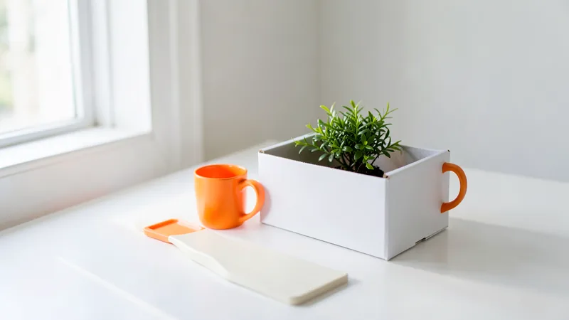 Photograph of a white office box with a plant and an orange mug