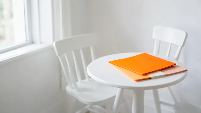 Photograph of a white chair facing a small table with an orange folder