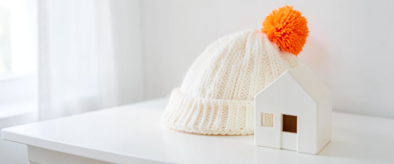 Photograph of a white knitted hat with an orange pom-pom beside a small white model house
