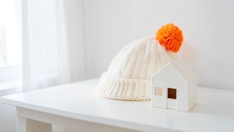 Photograph of a white knitted hat with an orange pom-pom beside a small white model house